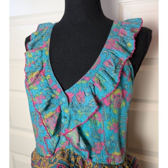 Sundance Size M Teal Floral Ruffle Tiered Midi Dress Cotton Boho Hippie Chic - Picture 3 of 12